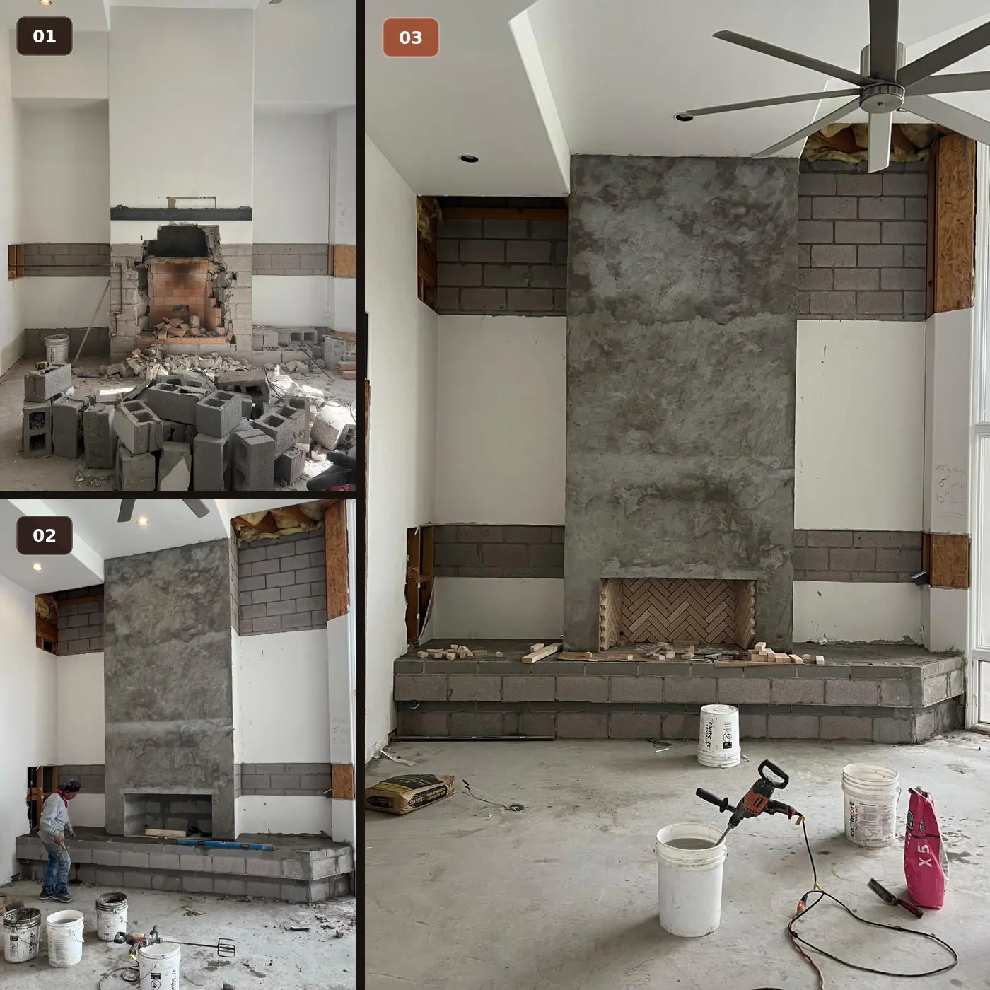 Three-stage indoor fireplace build: demolition, masonry construction, and detailed finish work