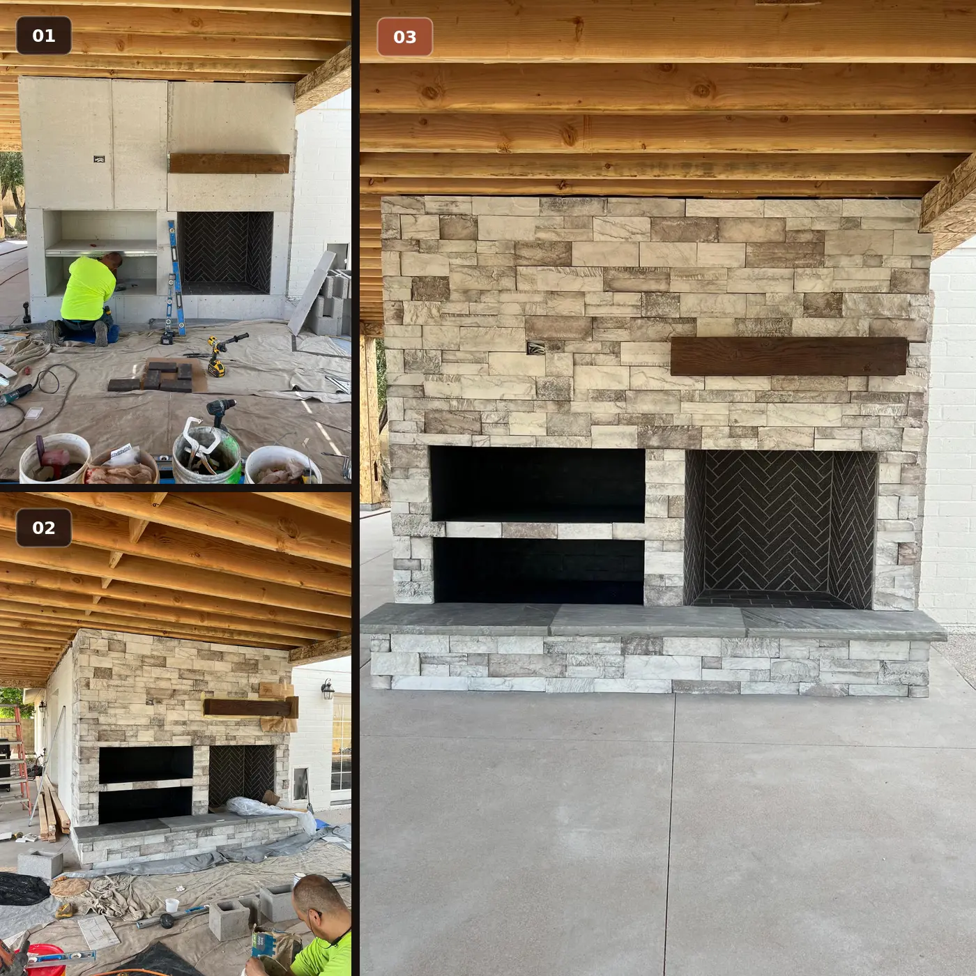 Three-stage outdoor fireplace build: structural preparation, stone installation, and the finished feature